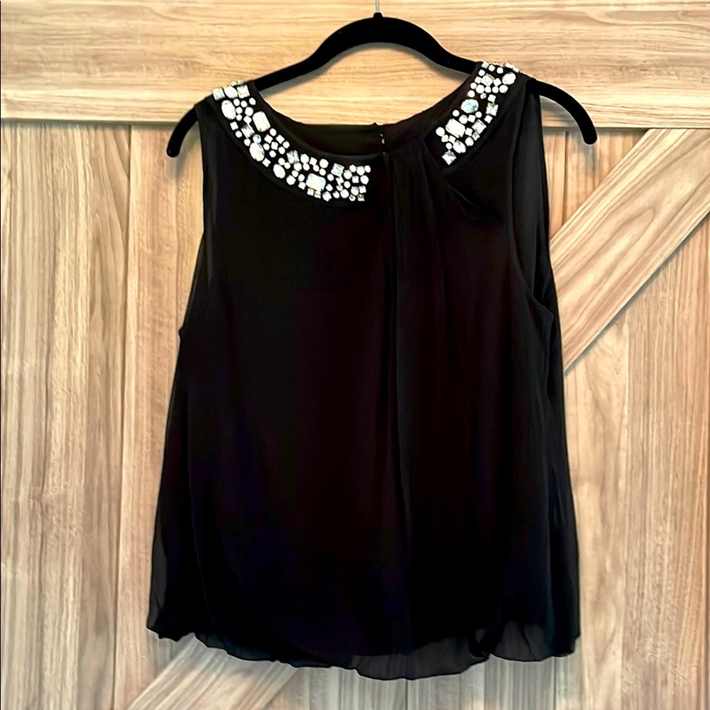 Magaschoni Black Sleeveless Blouse with Bejeweled Neckline